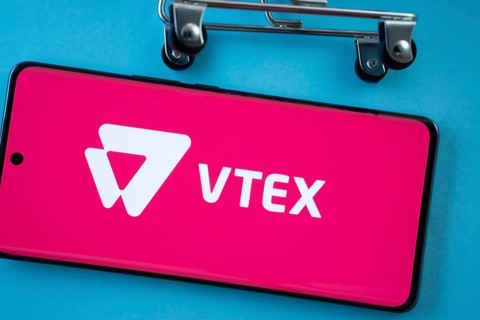 Dhaka, Bangladesh- 03 July 2025: Smartphone screen showing the VTEX logo with shopping cart wheels