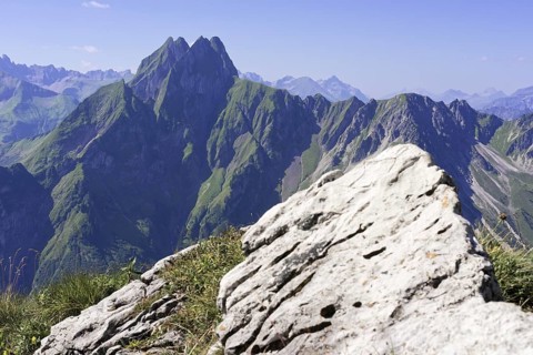 Mountain panorama from Laufbacher-Eckweg to Höfats, 2259m, Allgäu Alps, Allgäu, Bavaria, Germany