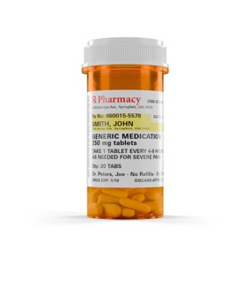 Generic medication prescription medicine bottle and pills isolated on a white background. the label