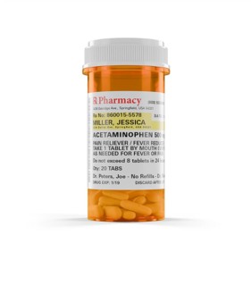 Acetaminophen prescription medicine bottle and pills isolated on a white background. the label is