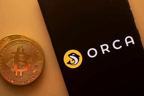A Bitcoin and Orca logo on a black screen with a yellow circle