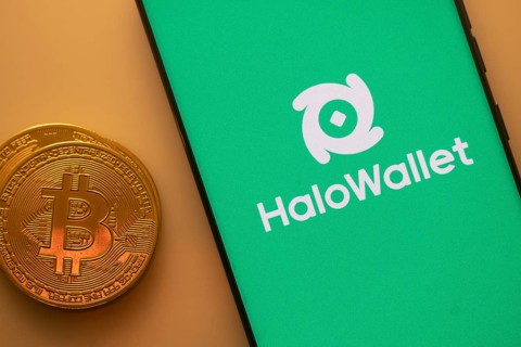 A Bitcoin and HaloWallet logo on a green screen representing cryptocurrency