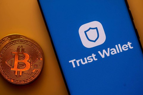 A Bitcoin coin next to a Trust Wallet logo on a blue background