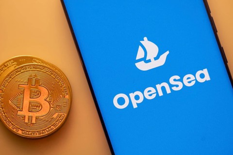 A Bitcoin coin next to an OpenSea logo on a blue background