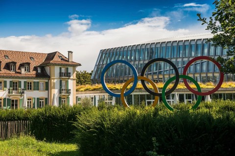 Olympic rings, headquarters of the International Olympic Committee, IOC, Lausanne, Switzerland