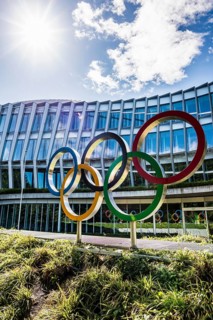 Olympic rings, headquarters of the International Olympic Committee, IOC, Lausanne, Switzerland