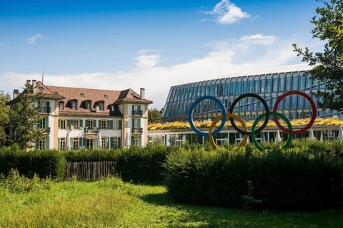 Olympic rings, headquarters of the International Olympic Committee, IOC, Lausanne, Switzerland