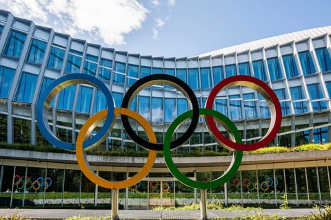 Olympic rings, headquarters of the International Olympic Committee, IOC, Lausanne, Switzerland