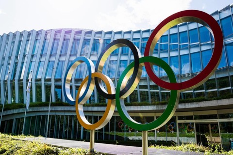 Olympic rings, headquarters of the International Olympic Committee, IOC, Lausanne, Switzerland