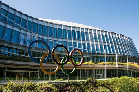 Olympic rings, headquarters of the International Olympic Committee, IOC, Lausanne, Switzerland