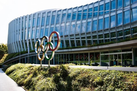 Olympic rings, headquarters of the International Olympic Committee, IOC, Lausanne, Switzerland