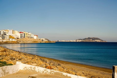 Beautiful view from Moroccan Fnideq to Spanish Ceuta on a sunny day, Morocco