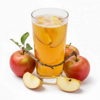 A glass of apple juice is surrounded by fresh red apples and apple slices, creating a vibrant and