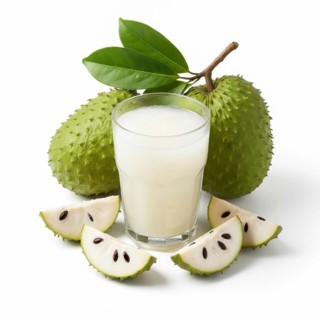 A refreshing glass of soursop juice is surrounded by the exotic fruit and its slices, showcasing a