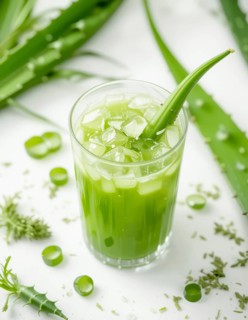 A close-up shot showcases a glass of vibrant green aloe vera juice, garnished with fresh aloe vera