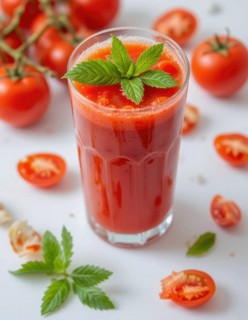 A tall glass of fresh tomato juice is garnished with mint leaves, surrounded by ripe tomatoes on a