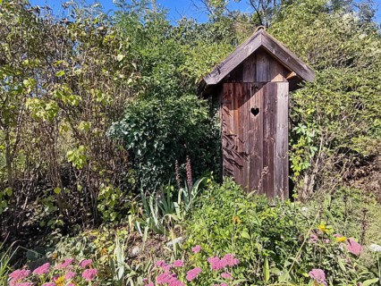 A small wooden house in the garden with a heart symbol on the door Outhouse, surrounded by plants
