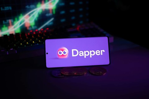 Dapper logo displayed alongside coins and illuminated trading charts, emphasizing digital finance