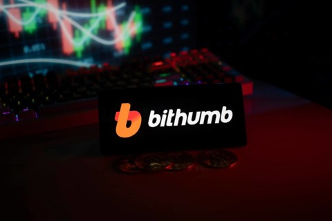 Bithumb logo with coins and trading charts, set in a red neon atmosphere