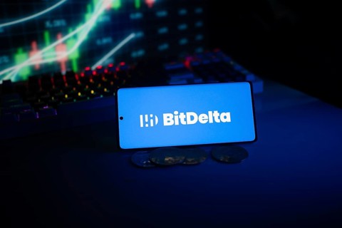 BitDelta logo presented with coins and trading charts in a neon blue setting