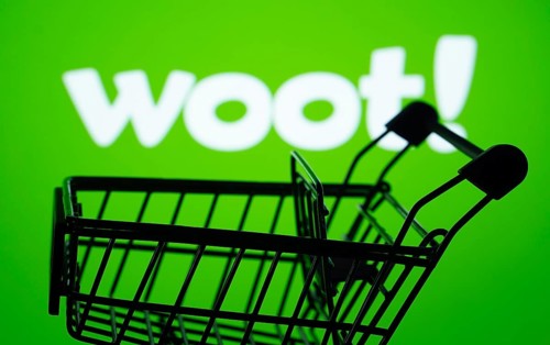 Dhaka, Bangladesh- 03 July 2025: Silhouette of a shopping cart in front of the Woot logo,
