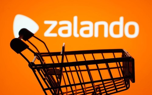 Dhaka, Bangladesh- 03 July 2025: Silhouette of a shopping cart in front of the Zalando logo,