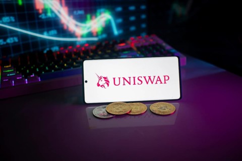Uniswap logo displayed on a device surrounded by digital currencies and stock market charts
