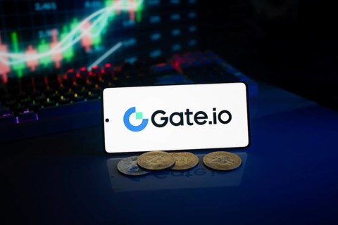 Gate.io logo on smartphone with coins, neon lights, and trading charts in background