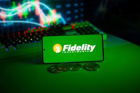 Fidelity Investments logo on green screen with coins and trading graphs in background