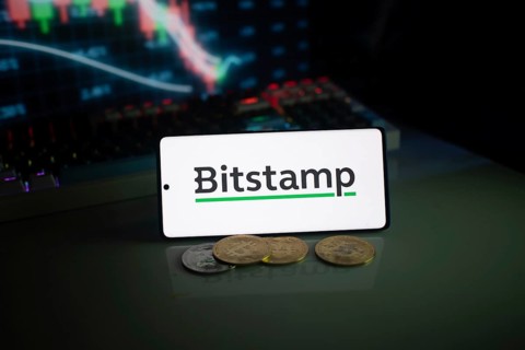 Bitstamp logo displayed with coins and market chart in electrifying neon lights