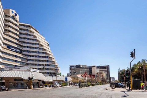 Modern downtown Windhoek, Namibia - 11 August, 2025: with tall contemporary buildings, wide