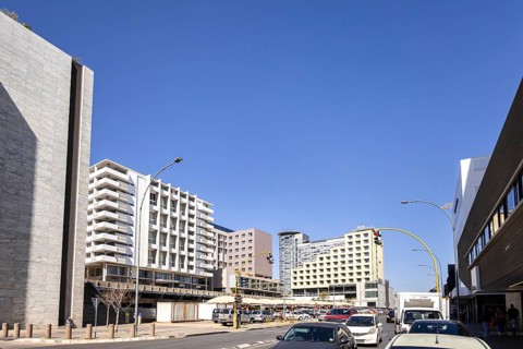 Modern downtown Windhoek, Namibia - 11 August, 2025: with tall contemporary buildings, wide