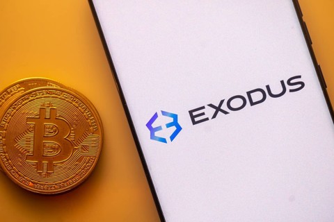 Exodus logo on white screen alongside Bitcoin coin, related to crypto wallet