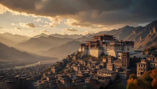 The image showcases a stunning fortress in Bhutan, nestled amidst a valley and mountains, under a