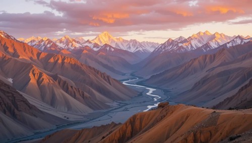 The golden hour bathes the snow-capped peaks and valley in a warm glow, highlighting the rugged