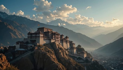 The image showcases a stunning fortress nestled on a rocky mountain, with the majestic Himalayas in