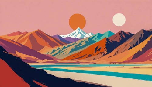This vibrant illustration depicts a stylized mountain range with a setting sun and a second moon,