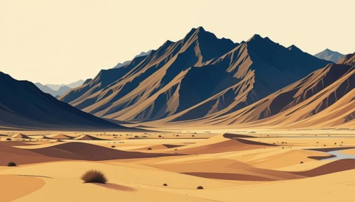 A stylized illustration depicts a desert scene with rolling sand dunes and majestic mountains under
