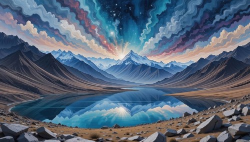 A stunning landscape painting showcases a mountain range reflected in a calm lake, under a sky of