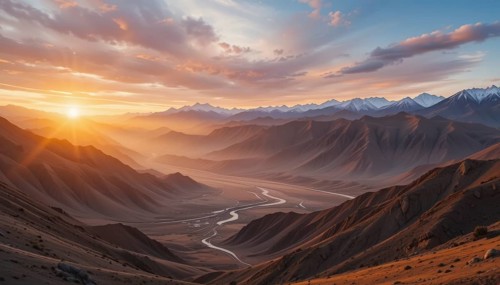 The sun rises, casting a warm glow over the mountains and valley below, creating a breathtaking