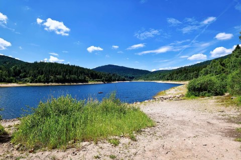 Beautiful mountain lake in the Black Forest in Forbach in Germany called Schwarzenbach Reservoir