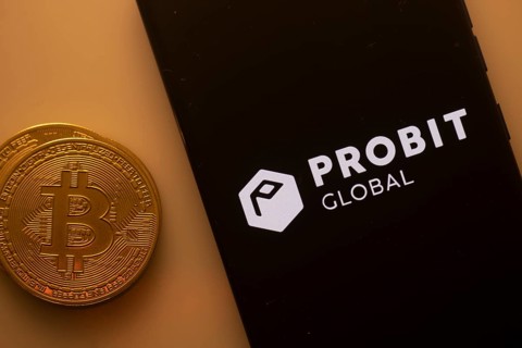Bitcoin coin beside Probit Global logo on a black background, pertaining to crypto exchange