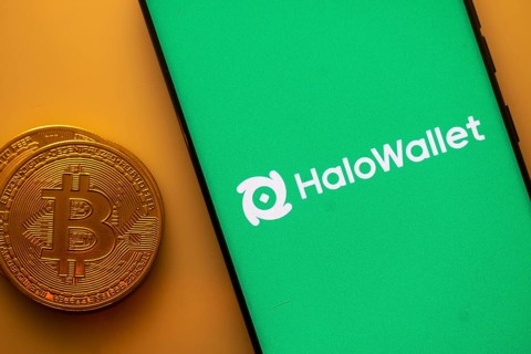HaloWallet logo on a phone screen adjacent to a Bitcoin coin on an orange background