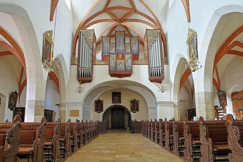 View into the interior of a church with high vaulted ceilings and an impressive organ on the wall,