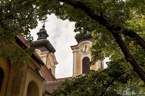 Baroque church towers with clocks, surrounded by deciduous trees under a cloudy sky, parish church