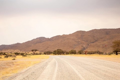 Dirt Road in Solitaire, Namibia, located on the edge of the Namib Desert, surrounded by dunes and