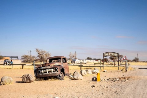Solitaire's car graveyard in Namibia - 27 August, 2025: features rusted vintage cars near small