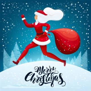 Mrs. Claus is running fast with a bag full of christmas gifts on a snowy night, AI generated