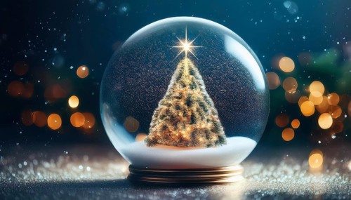 Snow globe featuring a christmas tree with falling snow and bokeh lights, creating a magical