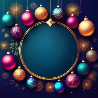 Colorful christmas ornaments hanging around a golden circular frame with fireworks, creating a